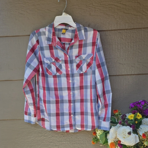 Eddie Bauer Plaid Lightweight Long Sleeve Shirt Red Blue Gray Medium M - Picture 2 of 8